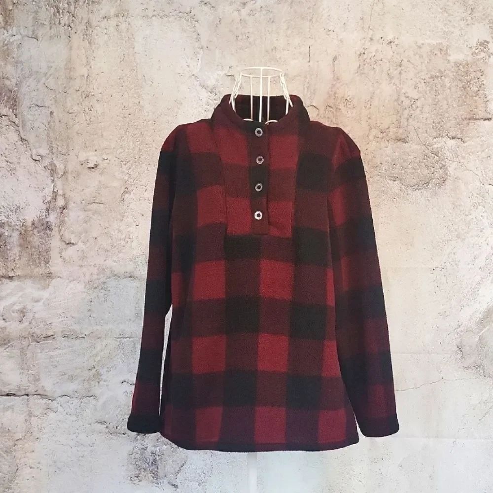 North River Plaid Fleece Pullover Red & Black Womens Size XL